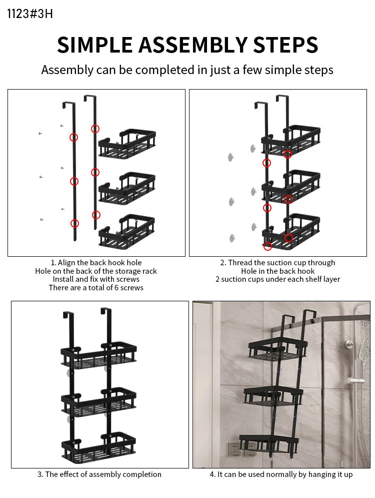 Bathroom wall mounted three-layer storage rack, door mounted rack, shower gel rack, shower room supplies storage rack