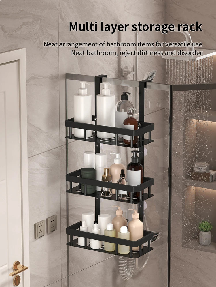 Bathroom wall mounted three-layer storage rack, door mounted rack, shower gel rack, shower room supplies storage rack