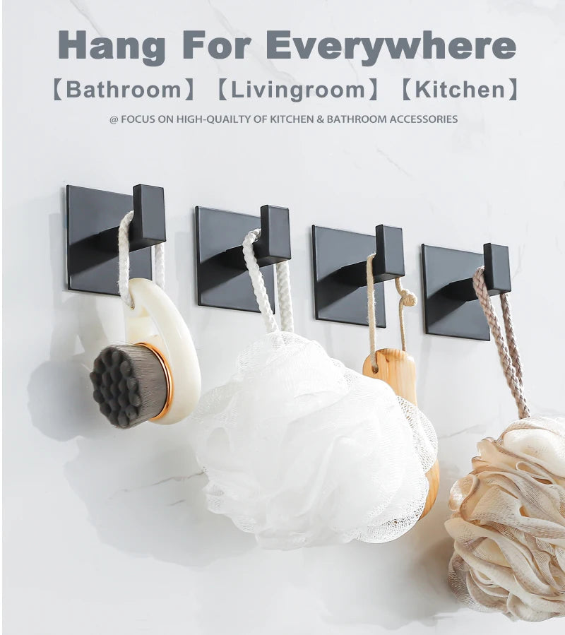 1-4Pcs Strong Adhesive Wall Hook Sticker Hanging Coat Rack Clothes Hanger Shower Robe Hook Kitchen Bathroom Towel hooks Black