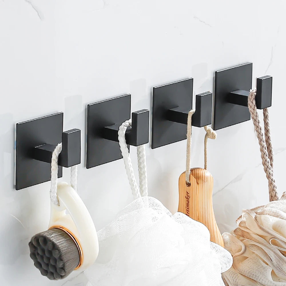 1-4Pcs Strong Adhesive Wall Hook Sticker Hanging Coat Rack Clothes Hanger Shower Robe Hook Kitchen Bathroom Towel hooks Black