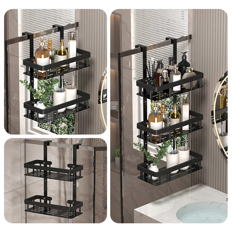 Bathroom wall mounted three-layer storage rack, door mounted rack, shower gel rack, shower room supplies storage rack