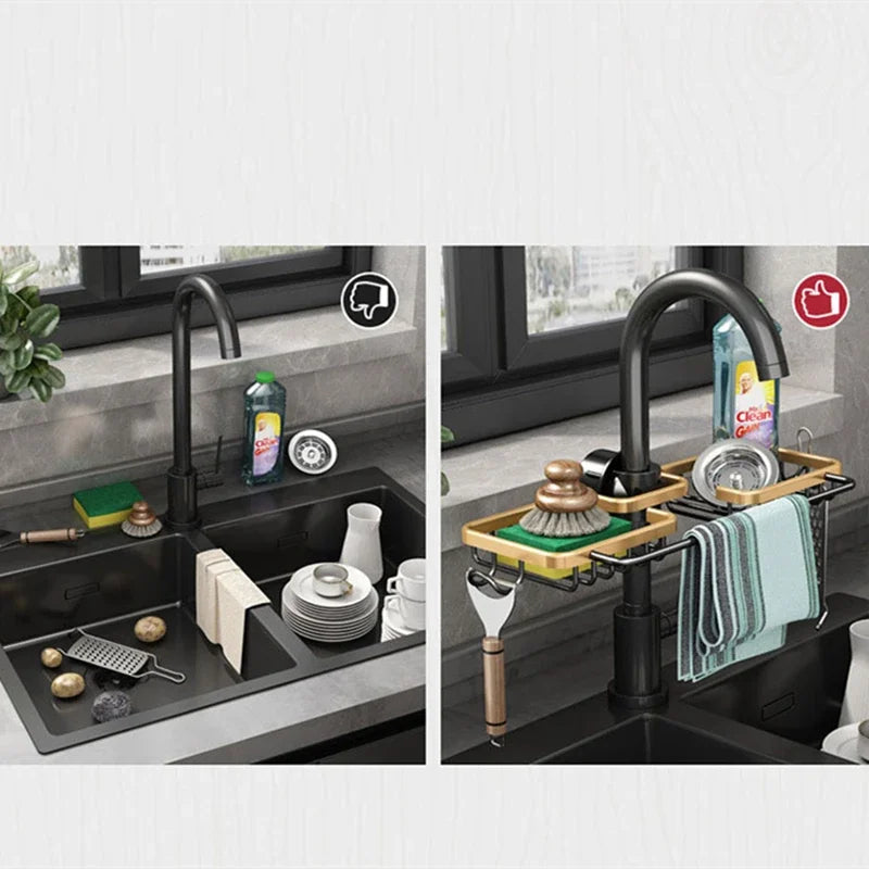 Kitchen Space Aluminum Sink Drain Rack Sponge Storage Faucet Holder Soap Drainer Shelf Basket Organizer Bathroom Accessories